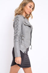 Grey Lace Up Detail Biker Jacket - Moana-Jackets