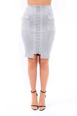 Grey Lace Up Front Faux Suede Midi Skirt - Cacia-Skirts