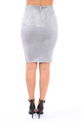 Grey Lace Up Front Faux Suede Midi Skirt - Cacia-Skirts