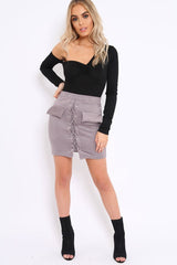 Grey Lace Up Suedette Skirt with Pockets - Patra-Skirts