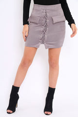 Grey Lace Up Suedette Skirt with Pockets - Patra-Skirts