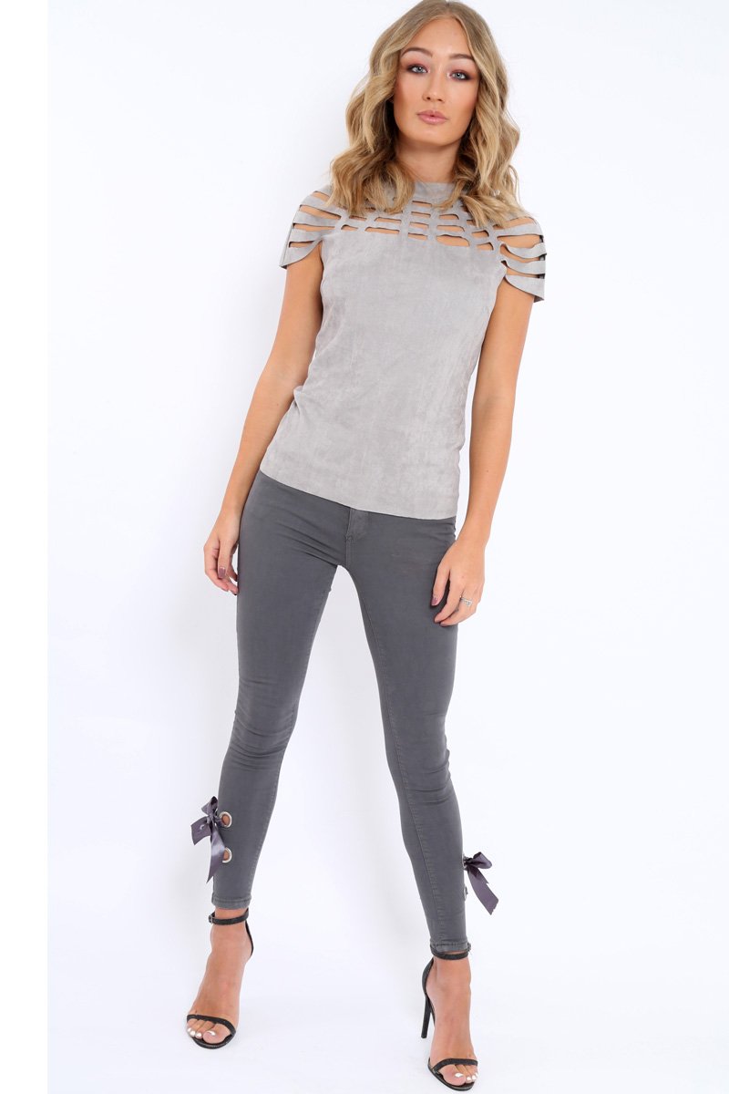 Grey Laser Cut Suedette Top - Abbie-Tops