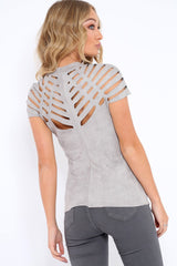 Grey Laser Cut Suedette Top - Abbie-Tops