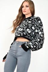 Grey Leopard Crop Batwing Jumper - Raigen-Crop Jumper