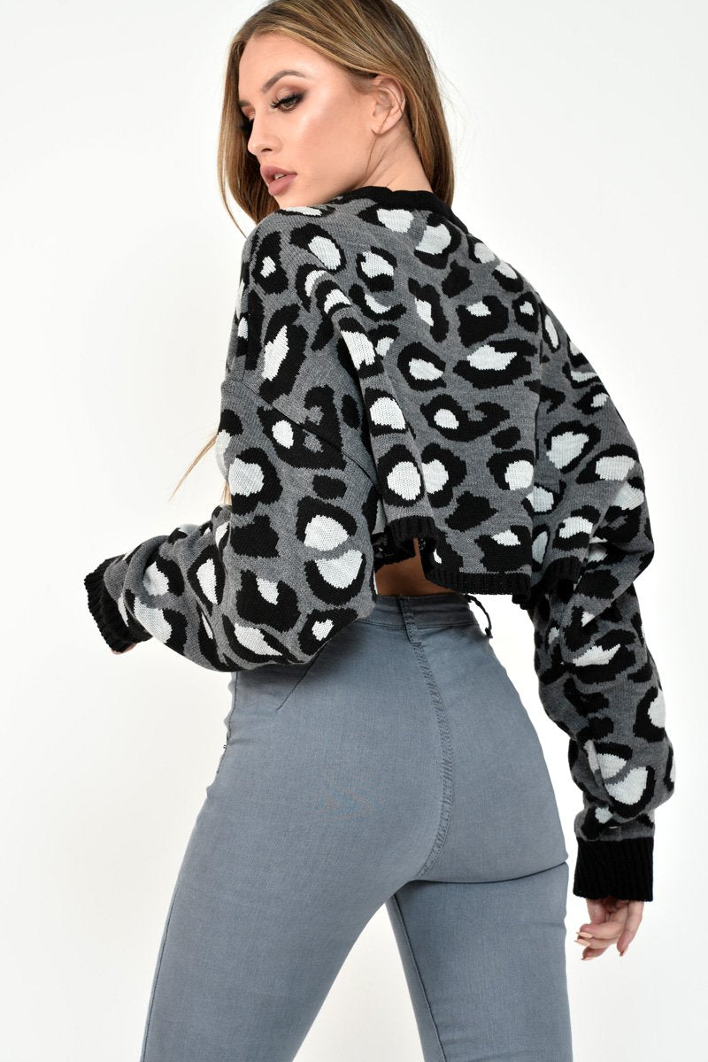 Grey Leopard Crop Batwing Jumper - Raigen-Crop Jumper