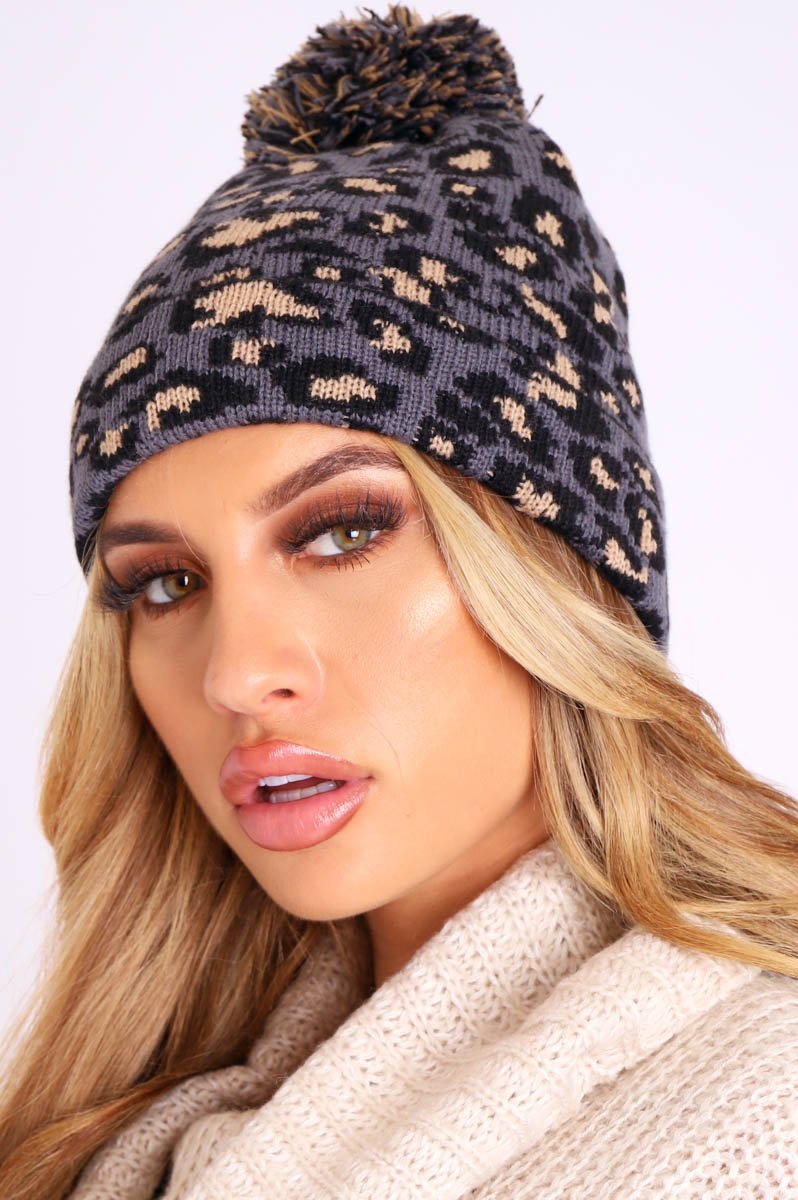 Grey Leopard Knit Pom Pom Hat - Kela-Hats