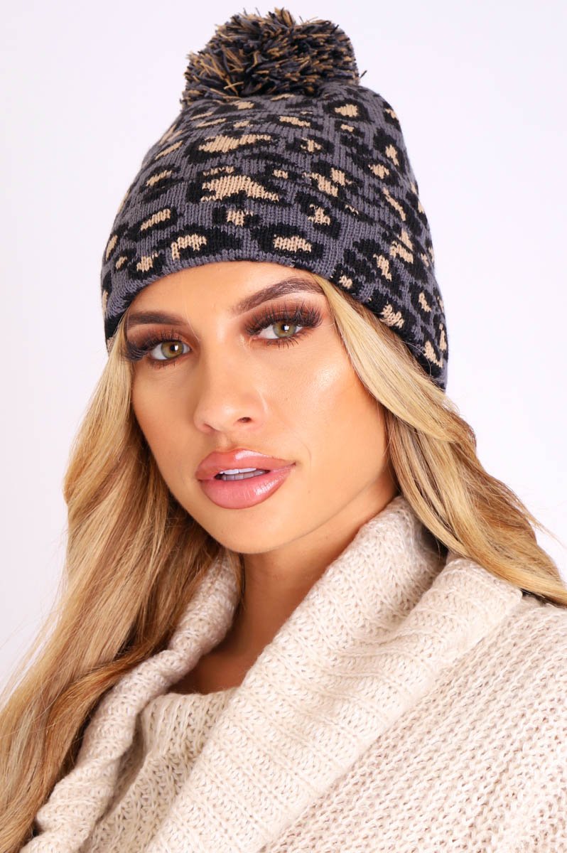 Grey Leopard Knit Pom Pom Hat - Kela-Hats