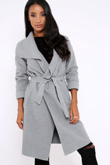 Grey Long Length Waterfall Belted Coat - Cindy-Coats