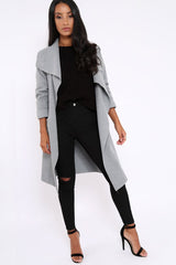 Grey Long Length Waterfall Belted Coat - Cindy-Coats