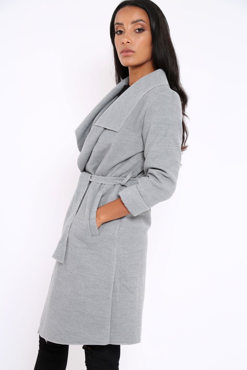 Grey Long Length Waterfall Belted Coat - Cindy-Coats