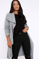 Grey Long Length Waterfall Belted Coat - Cindy-Coats