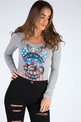 Grey Long Sleeved Graphic Print Bodysuit - Sofia-Bodysuits