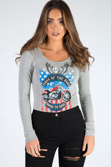 Grey Long Sleeved Graphic Print Bodysuit - Sofia-Bodysuits