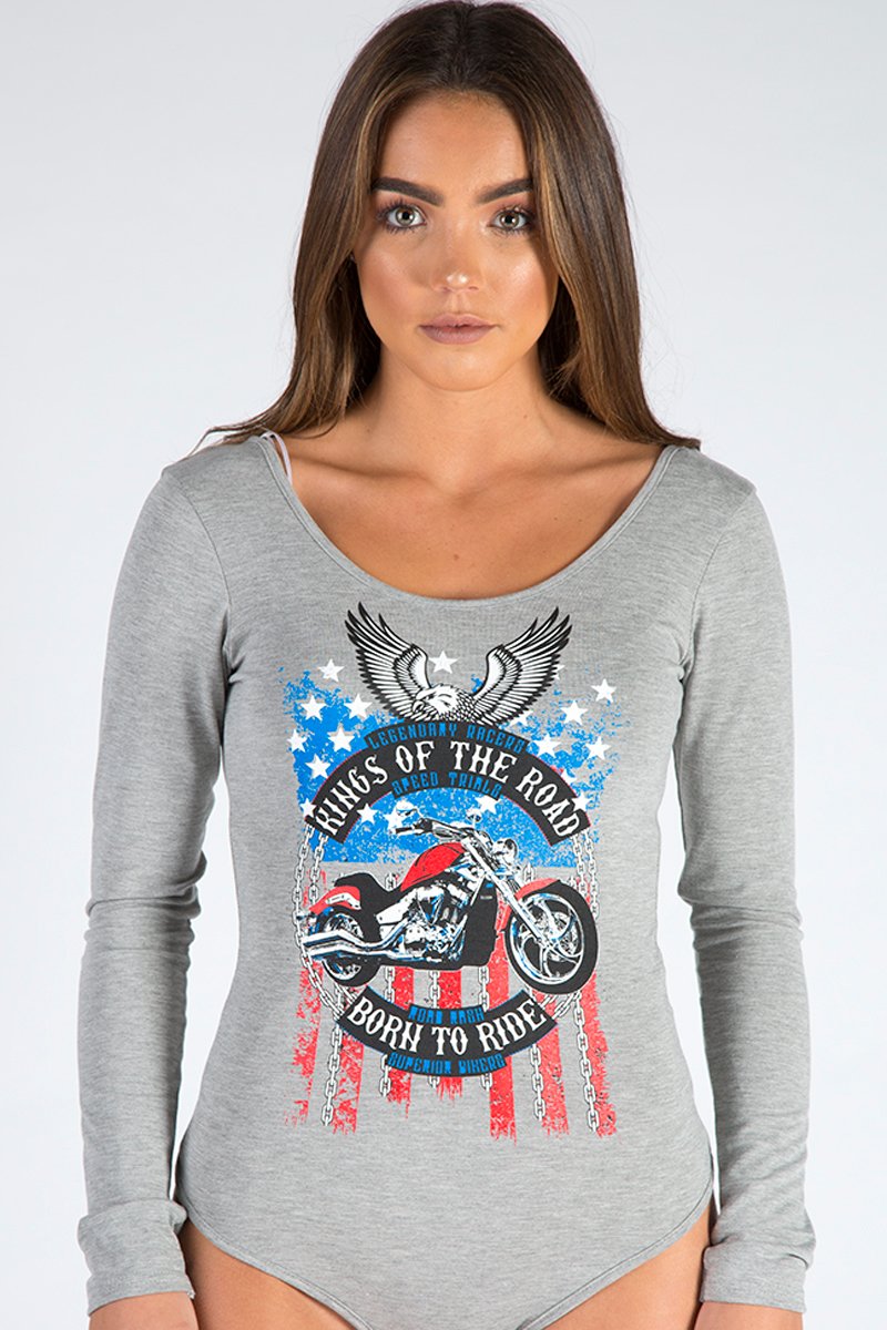 Grey Long Sleeved Graphic Print Bodysuit - Sofia-Bodysuits