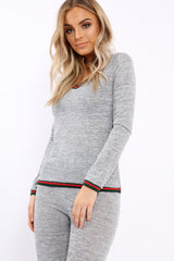 Grey Loungewear Set with Striped Trim - Janey-Loungewear