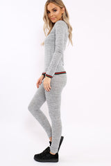Grey Loungewear Set with Striped Trim - Janey-Loungewear