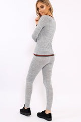 Grey Loungewear Set with Striped Trim - Janey-Loungewear