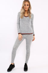 Grey Loungewear Set with Striped Trim - Janey-Loungewear