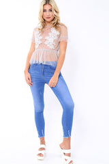Grey Mesh Embroidered Top - Charlie-Tops