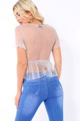 Grey Mesh Embroidered Top - Charlie-Tops