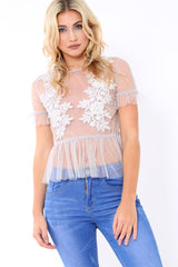 Grey Mesh Embroidered Top - Charlie-Tops