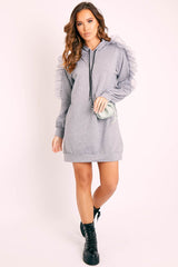 Grey Mesh Frill Sleeve Hoodie Jumper Dress - Carlotta-Dresses