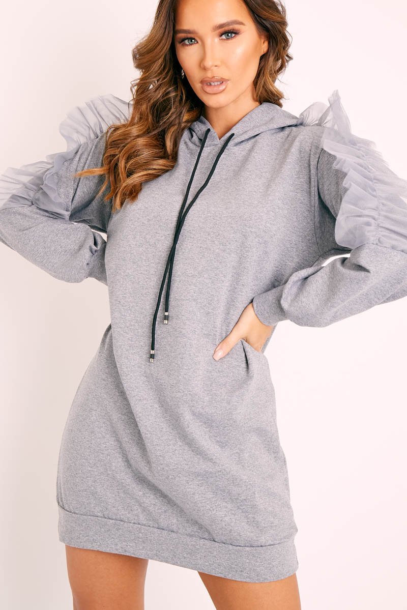 Grey Mesh Frill Sleeve Hoodie Jumper Dress - Carlotta-Dresses
