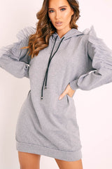 Grey Mesh Frill Sleeve Hoodie Jumper Dress - Carlotta-Dresses