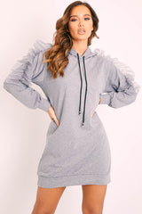 Grey Mesh Frill Sleeve Hoodie Jumper Dress - Carlotta-Dresses