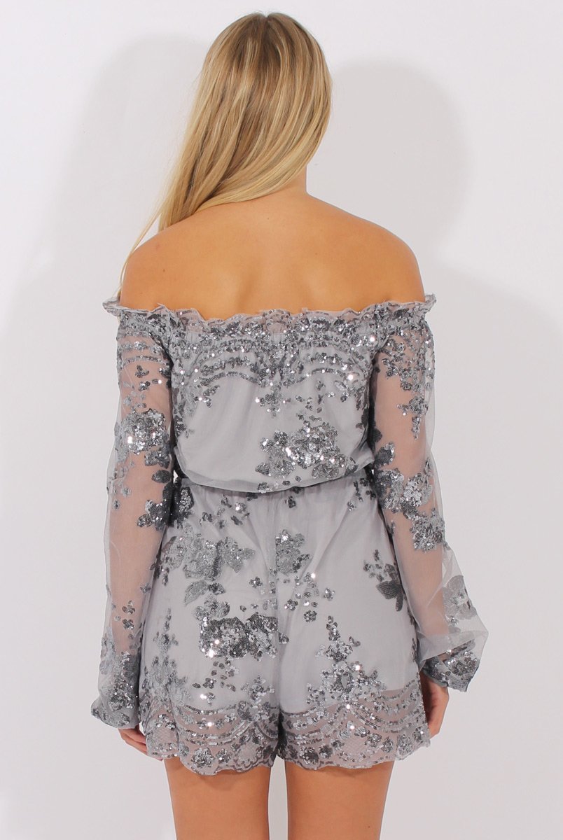 Grey Mesh Layer Sequin Bardot Playsuit - Leonie-Playsuits