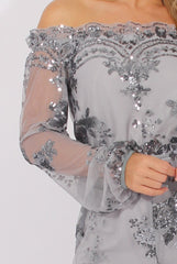 Grey Mesh Layer Sequin Bardot Playsuit - Leonie-Playsuits