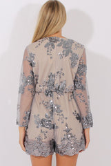 Grey Mesh Layer Sequin Playsuit - Rowan-Playsuits