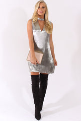 Grey Metallic High Neck Cut Out Dress - Letty-Dresses