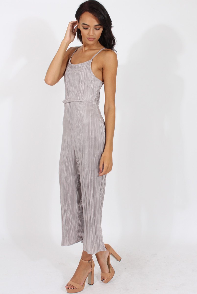 Grey Metallic Pleated Cropped Jumpsuit - Arabella-Jumpsuits