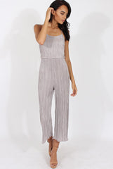 Grey Metallic Pleated Cropped Jumpsuit - Arabella-Jumpsuits
