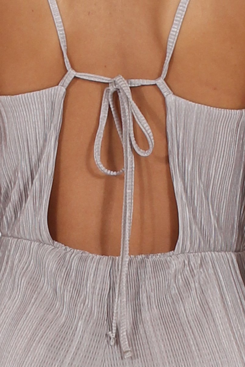 Grey Metallic Pleated Cropped Jumpsuit - Arabella-Jumpsuits