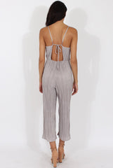 Grey Metallic Pleated Cropped Jumpsuit - Arabella-Jumpsuits