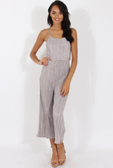Grey Metallic Pleated Cropped Jumpsuit - Arabella-Jumpsuits