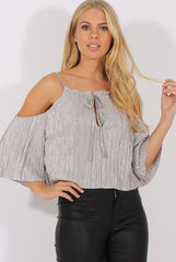Grey Metallic Pleated Drawstring Halter Cold Shoulder Top - Dixie-Tops