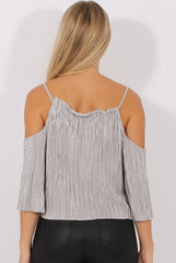Grey Metallic Pleated Drawstring Halter Cold Shoulder Top - Dixie-Tops