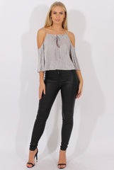 Grey Metallic Pleated Drawstring Halter Cold Shoulder Top - Dixie-Tops