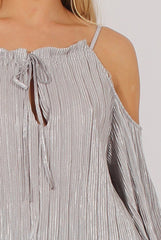 Grey Metallic Pleated Drawstring Halter Cold Shoulder Top - Dixie-Tops