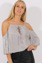 Grey Metallic Pleated Drawstring Halter Cold Shoulder Top - Dixie-Tops