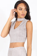 Grey Metallic Pleated High Neck Cut Out Crop Top - Polly-Crop Tops