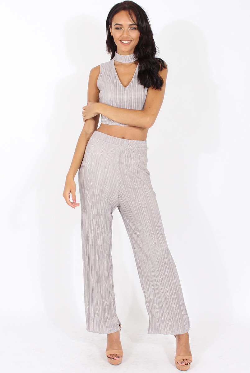 Grey Metallic Pleated High Neck Cut Out Crop Top - Polly-Crop Tops