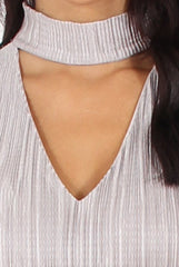 Grey Metallic Pleated High Neck Cut Out Crop Top - Polly-Crop Tops