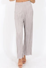 Grey Metallic Pleated High Waisted Trousers - Phoebe-Trousers