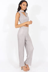 Grey Metallic Pleated High Waisted Trousers - Phoebe-Trousers