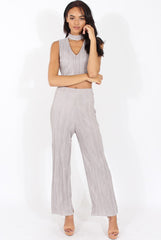 Grey Metallic Pleated High Waisted Trousers - Phoebe-Trousers