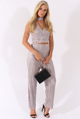 Grey Metallic Shimmer Pleated High Neck Cut Out Crop Top - Polly-Crop Tops